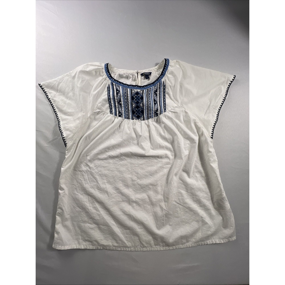 Nautica Jeans Co White Embroidered Boho Blouse Women's Large Short Sleeve
